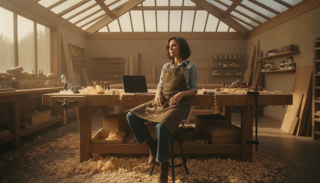 Ébéniste dans son atelier, devant un ordinateur portable