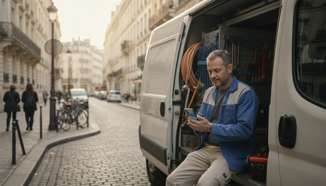 Artisan plombier consultant son téléphone entre deux interventions