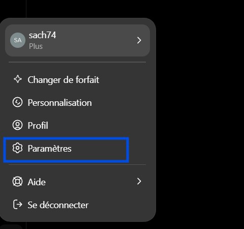 Menu du profil ChatGPT, en bas à gauche, avec l'entrée Paramètres encadrée