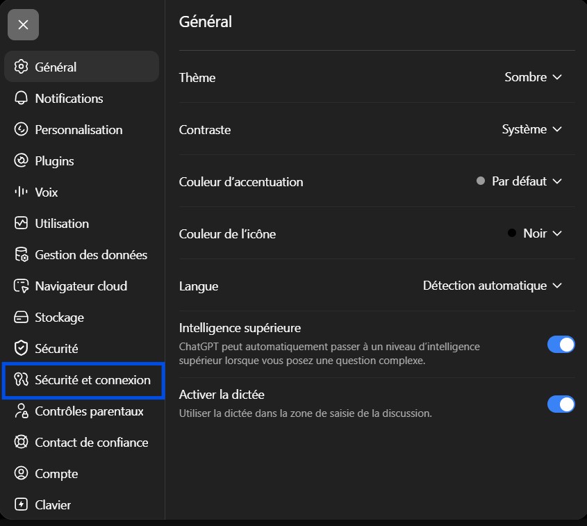 Réglages ChatGPT avec la rubrique Sécurité et connexion encadrée dans le menu de gauche