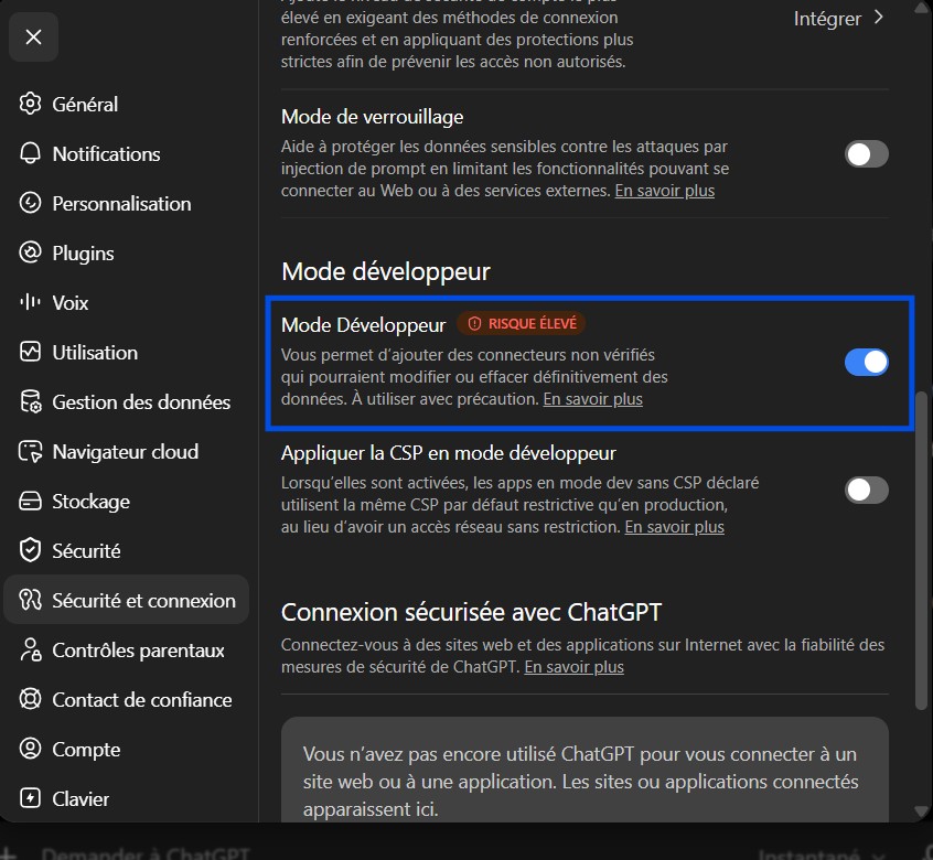 Interrupteur Mode développeur activé dans les réglages Sécurité et connexion de ChatGPT