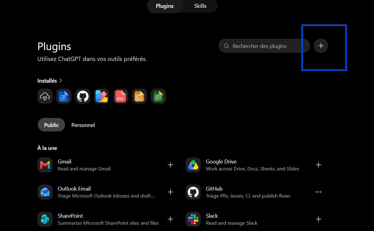 Page Plugins de ChatGPT avec le bouton plus encadré en haut à droite