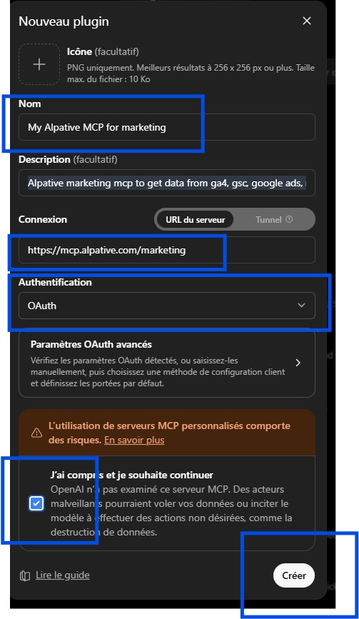 Formulaire Nouveau plugin rempli : nom, description, URL du serveur, authentification OAuth, case cochée et bouton Créer