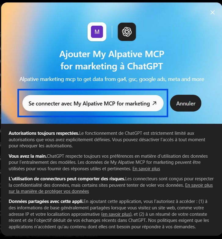 Fiche du plugin Alpative dans ChatGPT avec le bouton Se connecter