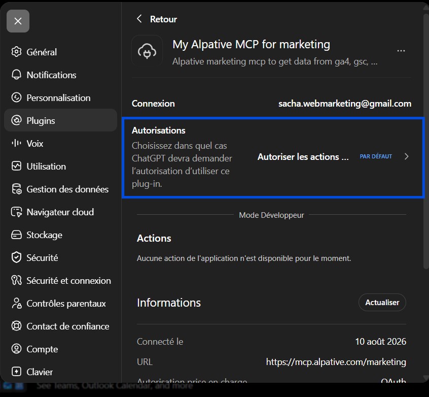 Fiche du plugin Alpative affichant l'état connecté dans ChatGPT