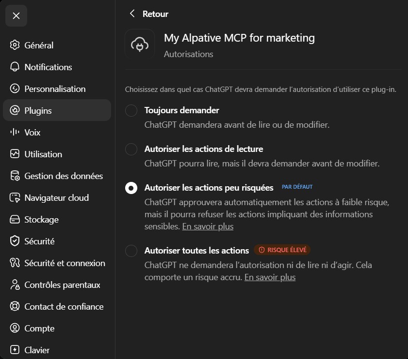 Réglages des autorisations du plugin Alpative dans ChatGPT