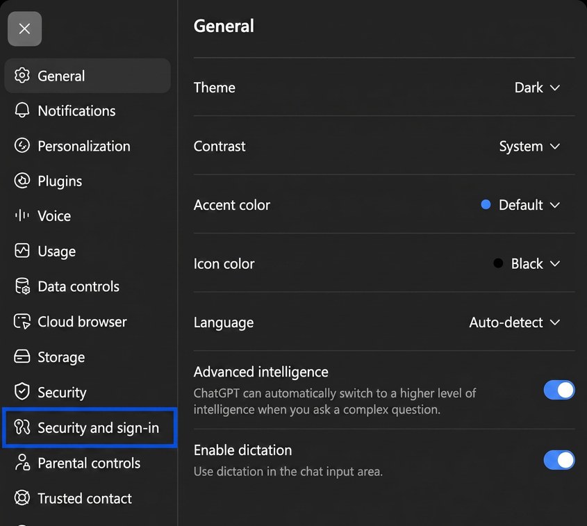 ChatGPT settings with the security and connection section highlighted in the left menu