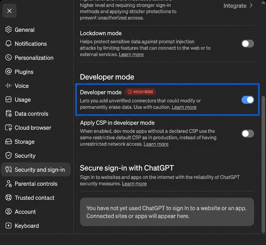 Developer mode toggle switched on in ChatGPT's security settings