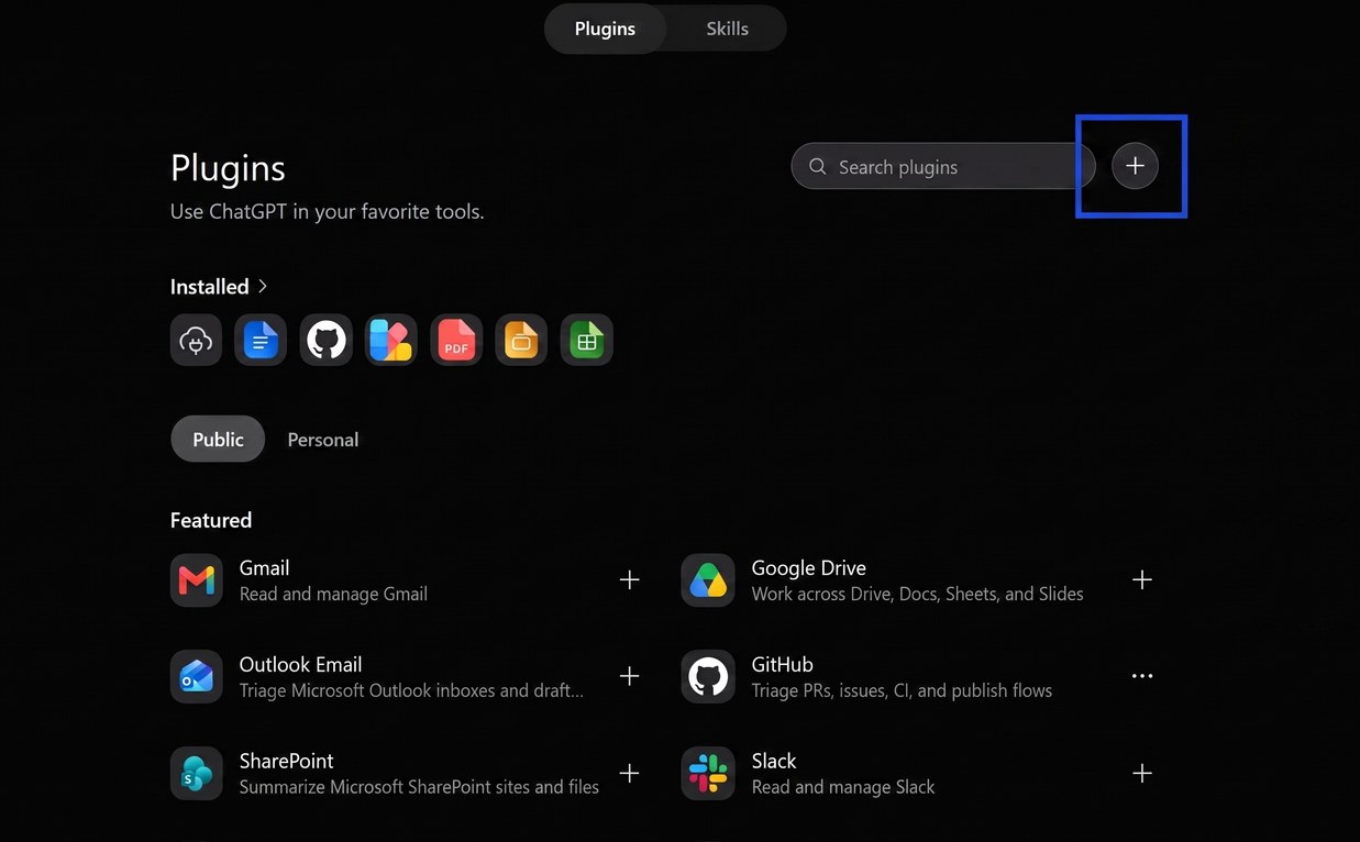 ChatGPT Plugins page with the plus button highlighted in the top right corner