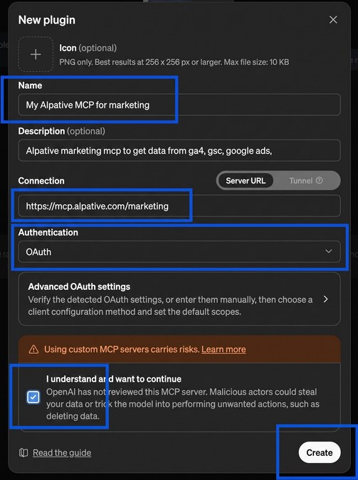 New plugin form filled in: name, description, server URL, OAuth authentication, box ticked and Create button