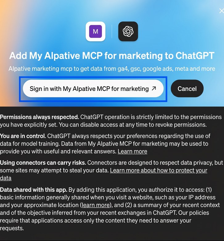 Alpative plugin page in ChatGPT with the Connect button