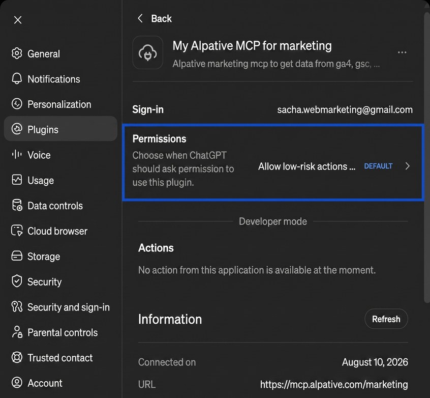 Alpative plugin page showing the connected state in ChatGPT