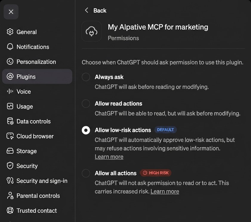 Permission settings for the Alpative plugin in ChatGPT